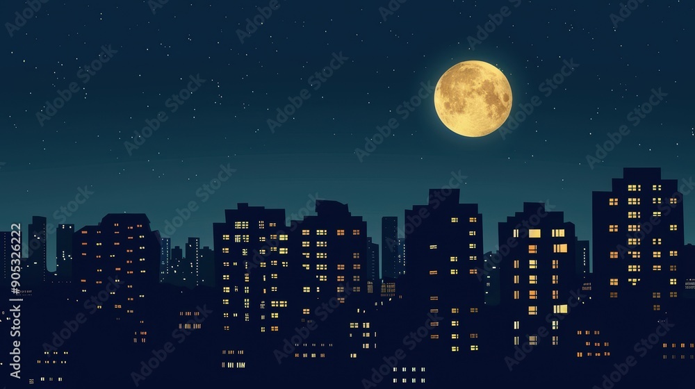 Naklejka premium Urban Night Skyline Silhouette with Full Moon - Cityscape Shadows in Moonlight