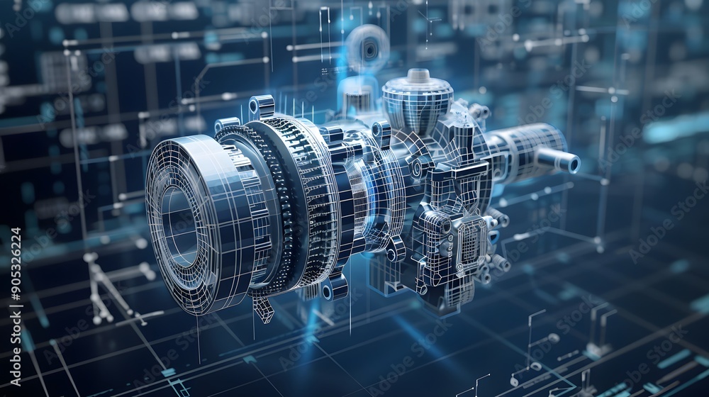 Detailed 3D mechanical engine blueprint with exploded view, displayed on a virtual reality interface Detailed 3D mechanical engine blueprint with exploded view, displayed on a virtual reality interface