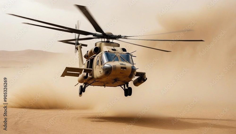 Fototapeta premium a group of soldiers marching through the dusty desert and support helicopters flying overhead 
