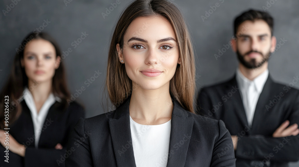 Confident Young Professional A Successful and Good-Looking Woman Team Leader Start-up CEO Lawyer or Boss in an Office Setting Exemplifying Leadership and Professionalism with Her Team in the Back