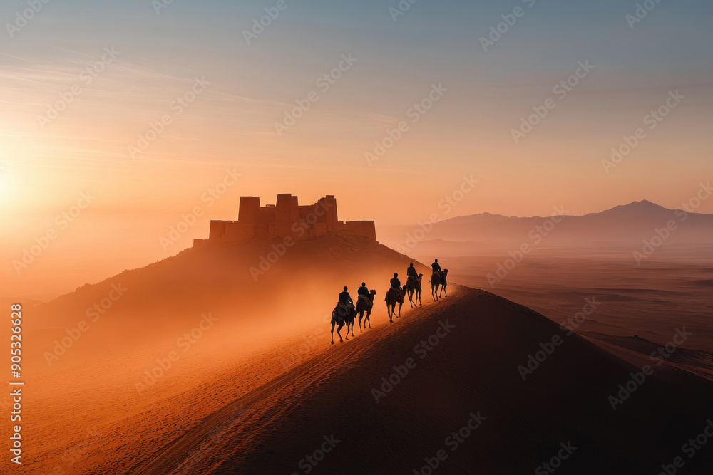 Silhouetted riders on camels traverse sandy dunes at sunset, with a distant fortress creating a mystic atmosphere. Silhouetted riders on camels traverse sandy dunes at sunset, with a distant fortress creating a mystic atmosphere.