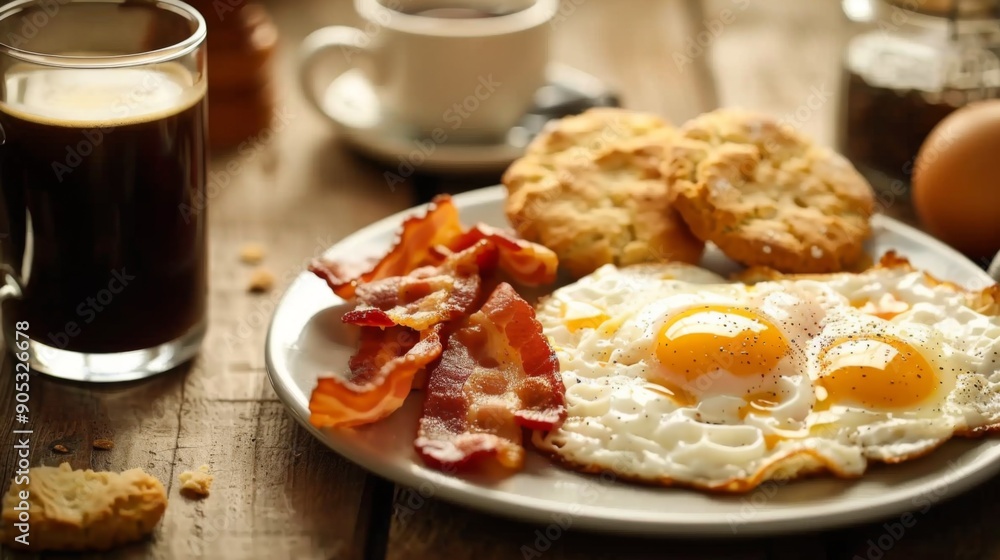 Hearty Morning Feast, a generous plate featuring fluffy scrambled eggs, crispy bacon, and buttery biscuits, set in a clean, inviting space with ample free room. Hearty Morning Feast, a generous plate featuring fluffy scrambled eggs, crispy bacon, and buttery biscuits, set in a clean, inviting space with ample free room.