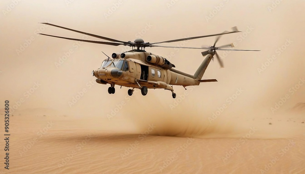 Fototapeta premium a group of soldiers marching through the dusty desert and support helicopters flying overhead 