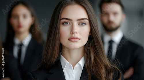 Confident Young Professional A Successful and Good-Looking Woman Team Leader Start-up CEO Lawyer or Boss in an Office Setting Exemplifying Leadership and Professionalism with Her Team in the Back