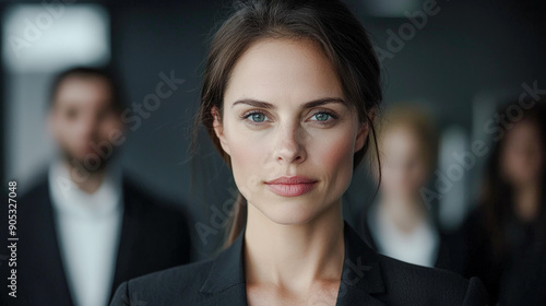 Wallpaper Mural Confident Young Professional A Successful and Good-Looking Woman Team Leader Start-up CEO Lawyer or Boss in an Office Setting Exemplifying Leadership and Professionalism with Her Team in the Back Torontodigital.ca