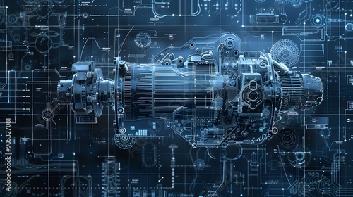 Detailed 3D mechanical engine blueprint with exploded view, set against a dark, contrasting background