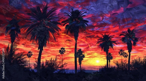 Tropical Sunset Silhouette with Palm Trees and Vibrant Sky