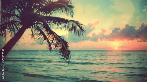 Tranquil Tropical Sunset with Palm Silhouette and Ocean View