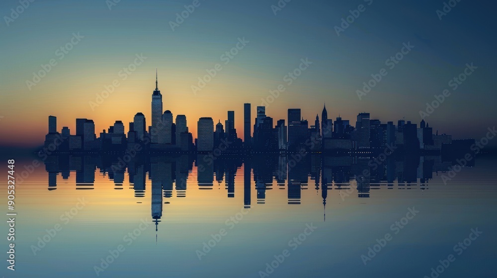 Urban Reflections: Stunning Silhouette of City Skyscrapers at Sunset with Beautiful Reflection on Water Surface Urban Reflections: Stunning Silhouette of City Skyscrapers at Sunset with Beautiful Reflection on Water Surface
