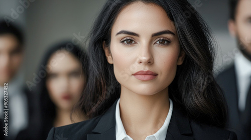 Confident Young Professional A Successful and Good-Looking Woman Team Leader Start-up CEO Lawyer or Boss in an Office Setting Exemplifying Leadership and Professionalism with Her Team in the Back