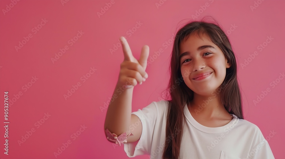 Hispanic adorable teenager girl pointing with her thumb to a pink copy space ad smiling looking happy : Generative AI Hispanic adorable teenager girl pointing with her thumb to a pink copy space ad smiling looking happy : Generative AI