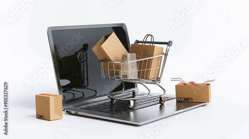 Shopping online cardboard box with a shopping cart logo in a trolley and paper bag on laptop keyboard Shopping service on The online web offers home delivery : Generative AI