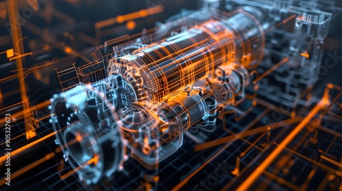Detailed 3D mechanical engine blueprint with exploded view, rendered in a photorealistic style