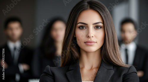 Wallpaper Mural Confident Young Professional A Successful and Good-Looking Woman Team Leader Start-up CEO Lawyer or Boss in an Office Setting Exemplifying Leadership and Professionalism with Her Team in the Back Torontodigital.ca