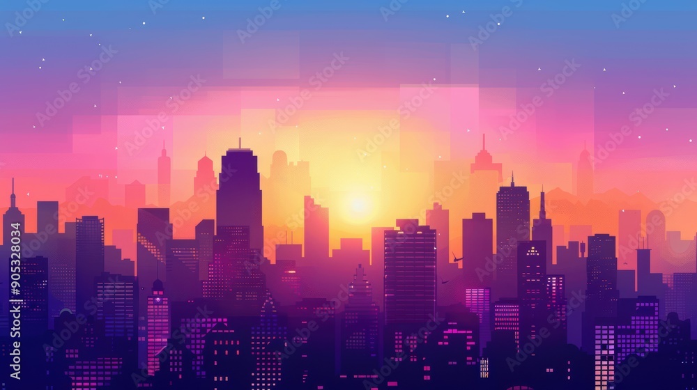Urban Skyscraper Silhouettes Against Gradient Skyline Background Urban Skyscraper Silhouettes Against Gradient Skyline Background