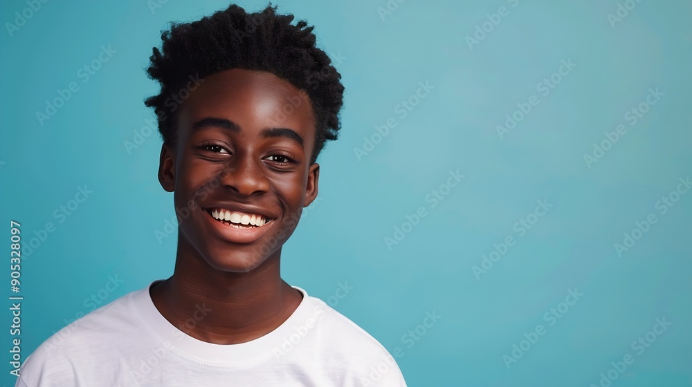 Young happy African American teen guy isolated on blue wall background Smiling cool ethnic generation z teenager boy student model standing looking at camera posing for close up portra : Generative AI Young happy African American teen guy isolated on blue wall background Smiling cool ethnic generation z teenager boy student model standing looking at camera posing for close up portra : Generative AI