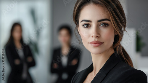 Wallpaper Mural Confident Young Professional A Successful and Good-Looking Woman Team Leader Start-up CEO Lawyer or Boss in an Office Setting Exemplifying Leadership and Professionalism with Her Team in the Back Torontodigital.ca