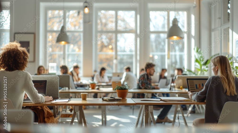 Collaborative Workspace in a Bright, Modern Coffee Shop During a Busy Afternoon. Generative AI Collaborative Workspace in a Bright, Modern Coffee Shop During a Busy Afternoon. Generative AI