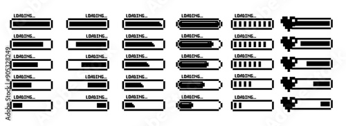 Pixel art 8-bit loading bar concept. Loading icons set.Load bar collection. loading icons on white background.	