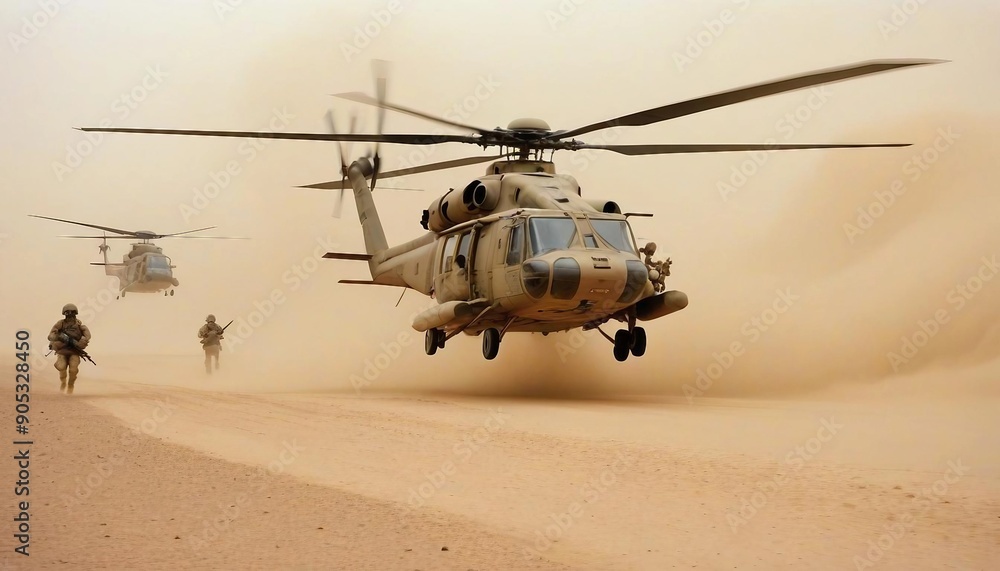 a group of soldiers marching through the dusty desert and support helicopters flying overhead
a group of soldiers marching through the dusty desert and support helicopters flying overhead