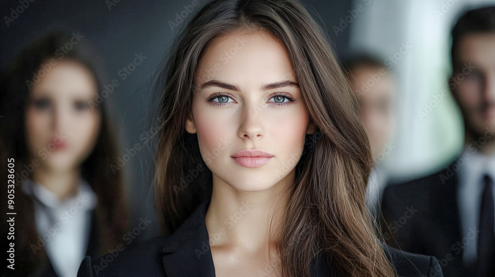 Fototapeta premium Confident Young Professional A Successful and Good-Looking Woman Team Leader Start-up CEO Lawyer or Boss in an Office Setting Exemplifying Leadership and Professionalism with Her Team in the Back