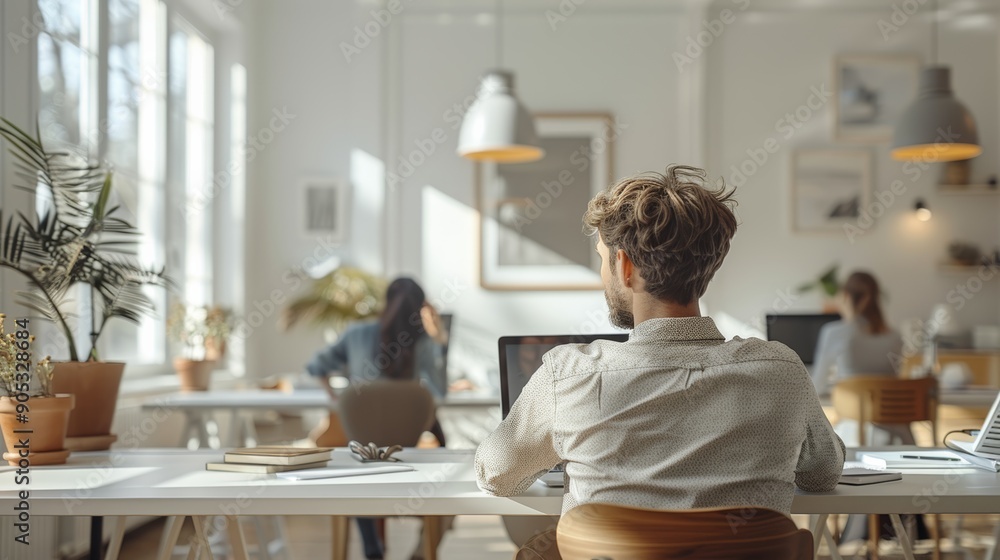 Fototapeta premium Collaborative Creative Workspace in Bright Office With People Engaged in Projects. Generative AI