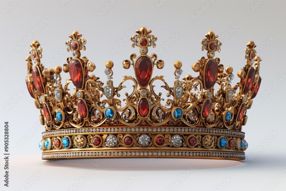 Fototapeta premium Photorealistic king's crown isolated on pure white background. Detailed textures and reflections.