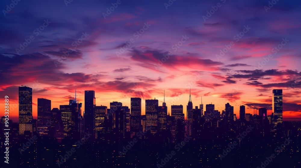 Fototapeta premium Urban Twilight Silhouette - Modern City Skyline in Dusk Light