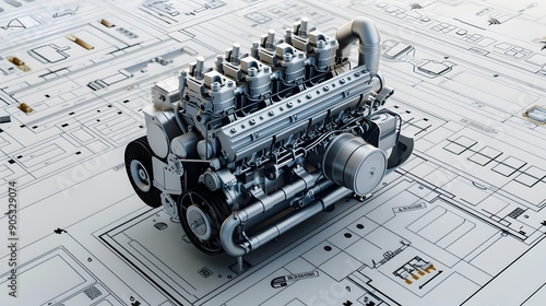 Detailed 3D mechanical engine blueprint with exploded view, showing a modular engine design