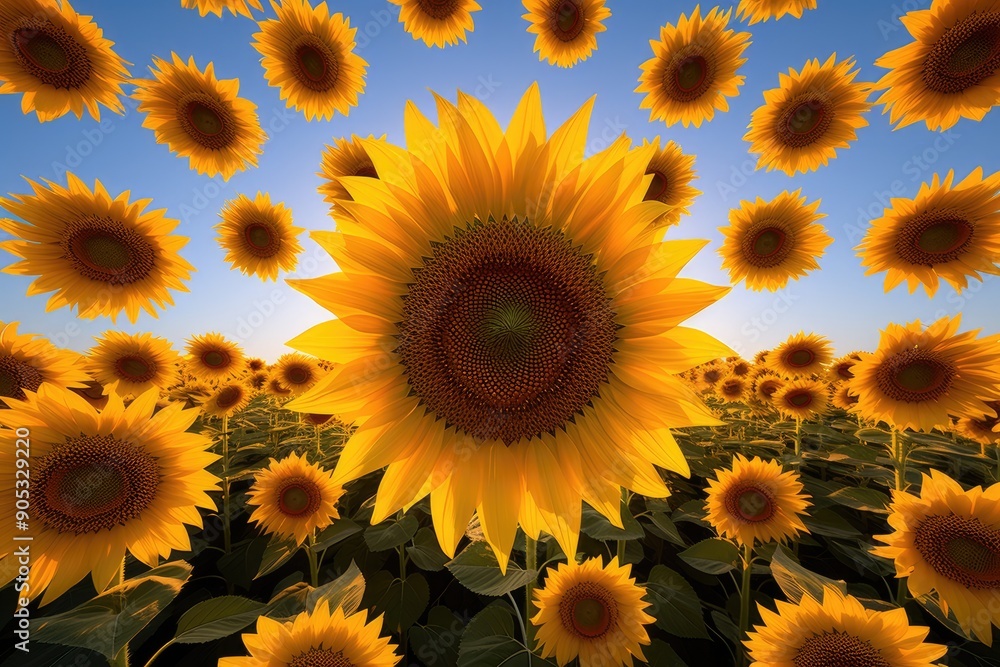 Fototapeta premium A mesmerizing circle of sunflowers against a clear blue sky
