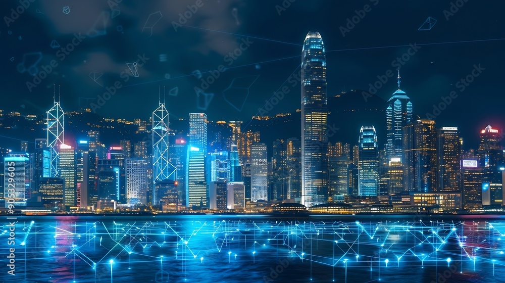 Smart network and Connection technology concept Hong Kong digital city background at night in victoria harbour Cyberpunk color style Panorama view : Generative AI Smart network and Connection technology concept Hong Kong digital city background at night in victoria harbour Cyberpunk color style Panorama view : Generative AI