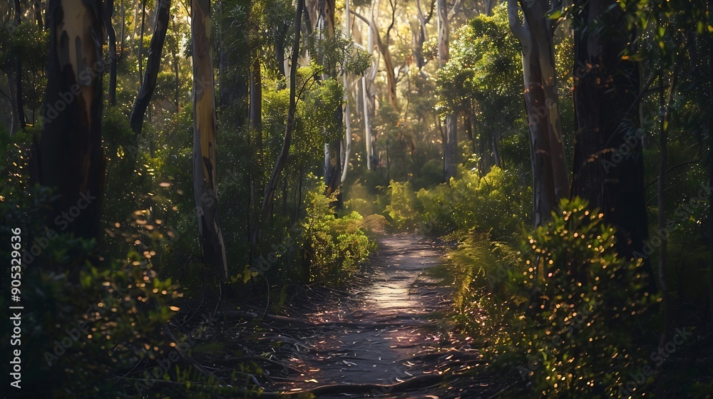 Obraz premium Light filled gumtree forest in Booderee national park of Australia Jervis bay area walking track : Generative AI