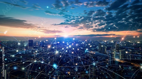 Wallpaper Mural Smart digital city with connection network reciprocity over the cityscape  Concept of future smart wireless digital city and social media networking systems that connects people within : Generative AI Torontodigital.ca