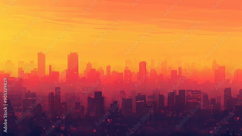 Twilight Serenity Over City: Silhouette of Urban Landscape Against Vibrant Orange-Pink Sunset Sky Twilight Serenity Over City: Silhouette of Urban Landscape Against Vibrant Orange-Pink Sunset Sky