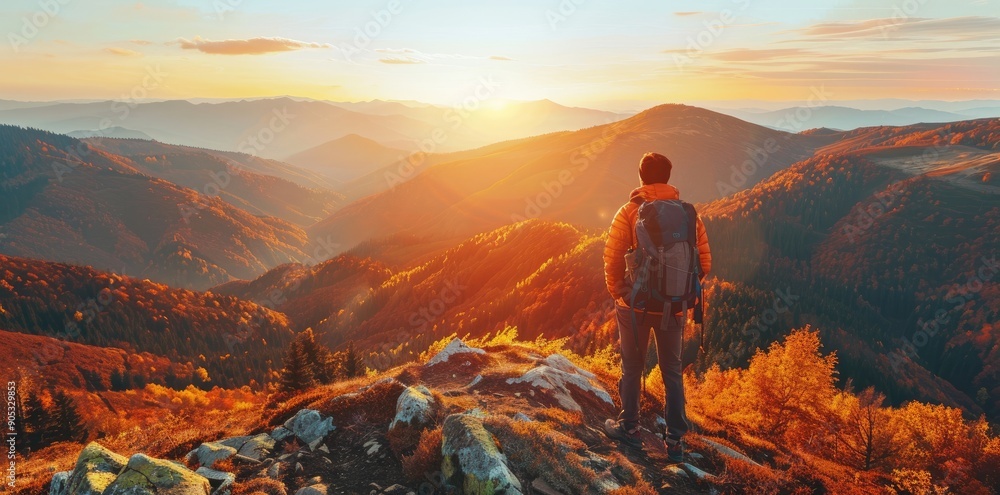 A Hiker With Backpack Standing on Mountain Peak Overlooking Valley at Sunset A Hiker With Backpack Standing on Mountain Peak Overlooking Valley at Sunset
