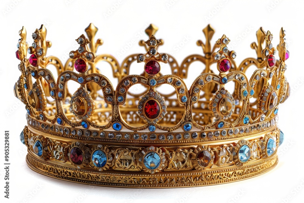 Realistic detailed crown on clean white background. Visible jewels, intricate designs, natural reflections. Realistic detailed crown on clean white background. Visible jewels, intricate designs, natural reflections.