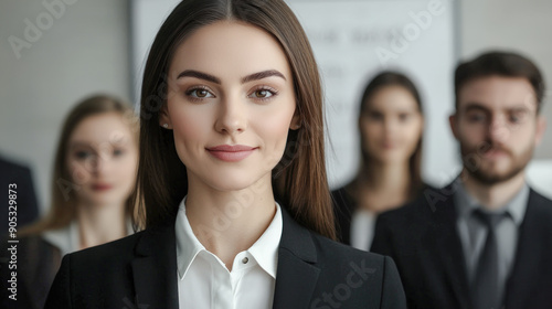 Confident Young Professional A Successful and Good-Looking Woman Team Leader Start-up CEO Lawyer or Boss in an Office Setting Exemplifying Leadership and Professionalism with Her Team in the Back