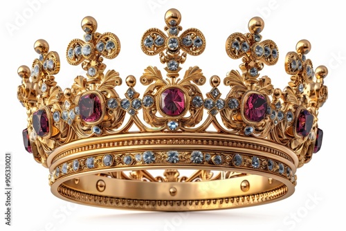 Realistic detailed crown with visible jewels on clean white background. Three-dimensional appearance.