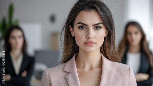 Wallpaper Mural Confident Young Professional A Successful and Good-Looking Woman Team Leader Start-up CEO Lawyer or Boss in an Office Setting Exemplifying Leadership and Professionalism with Her Team in the Back Torontodigital.ca