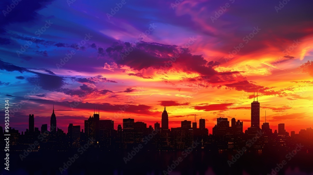 Fototapeta premium Vibrant Silhouette of City Skyline Against Colorful Clouds at Dusk