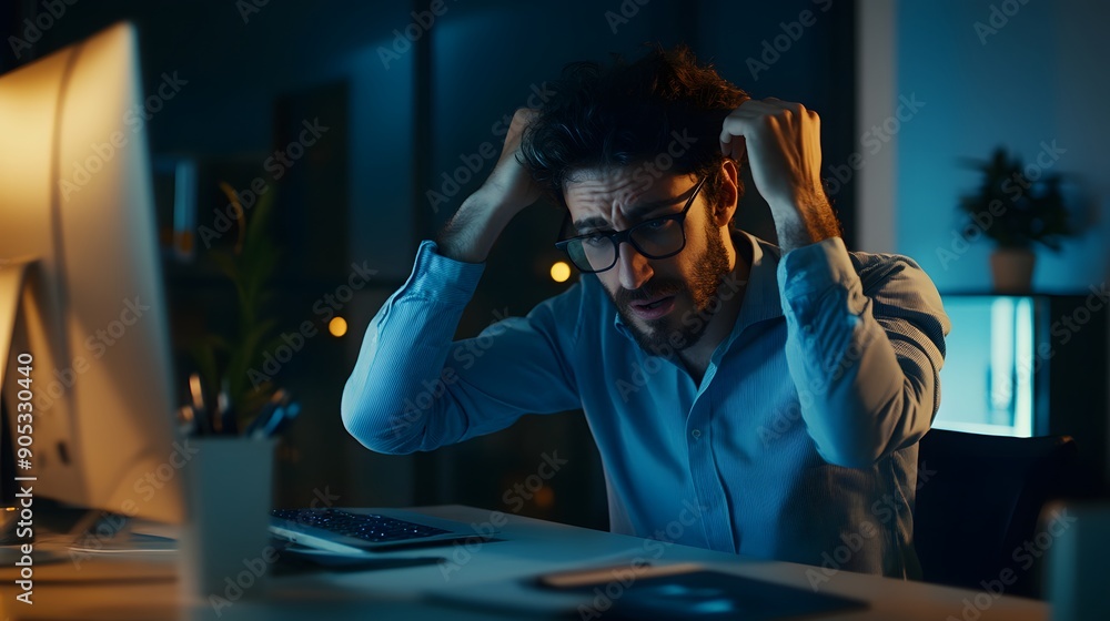 Frustrated man pulls his hair out while working at his desk. Frustrated man pulls his hair out while working at his desk.