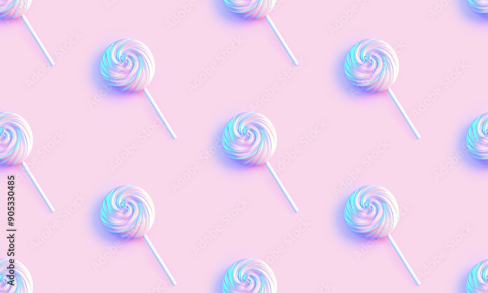 Minimal concept of iridescent swirl lollipops forming a pattern on a pink pastel background. Creative and trendy seamless pattern Minimal concept of iridescent swirl lollipops forming a pattern on a pink pastel background. Creative and trendy seamless pattern