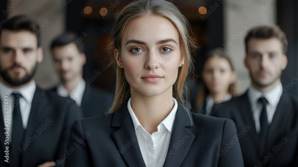 Confident Young Professional A Successful and Good-Looking Woman Team Leader Start-up CEO Lawyer or Boss in an Office Setting Exemplifying Leadership and Professionalism with Her Team in the Back Confident Young Professional A Successful and Good-Looking Woman Team Leader Start-up CEO Lawyer or Boss in an Office Setting Exemplifying Leadership and Professionalism with Her Team in the Back