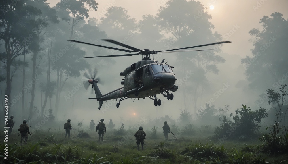 A military helicopter hovering above a dense Vietnamese jungle in heavy rain, with soldiers rappelling down into the thick greenery below.
A military helicopter hovering above a dense Vietnamese jungle in heavy rain, with soldiers rappelling down into the thick greenery below.