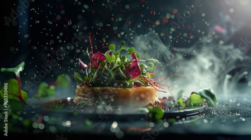 Gourmet dish with fresh greens beautifully presented on a plate in a dark and moody setting. The image highlights modern culinary artistry. Perfect for food blogs and culinary arts. AI photo