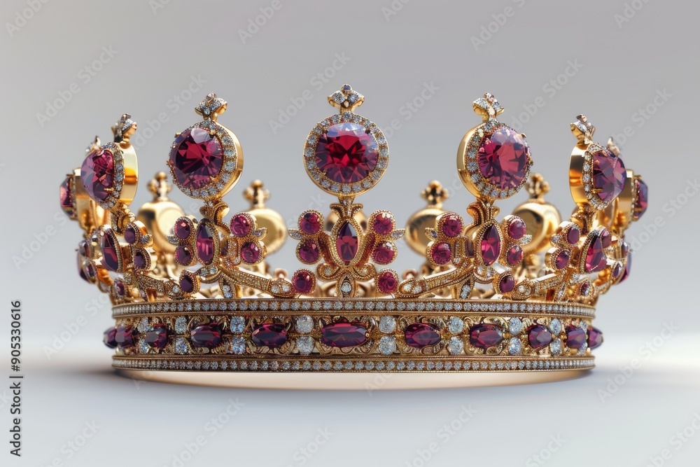 Realistic regal crown on clean white background. Detailed textures, visible jewels, three-dimensional form. Realistic regal crown on clean white background. Detailed textures, visible jewels, three-dimensional form.