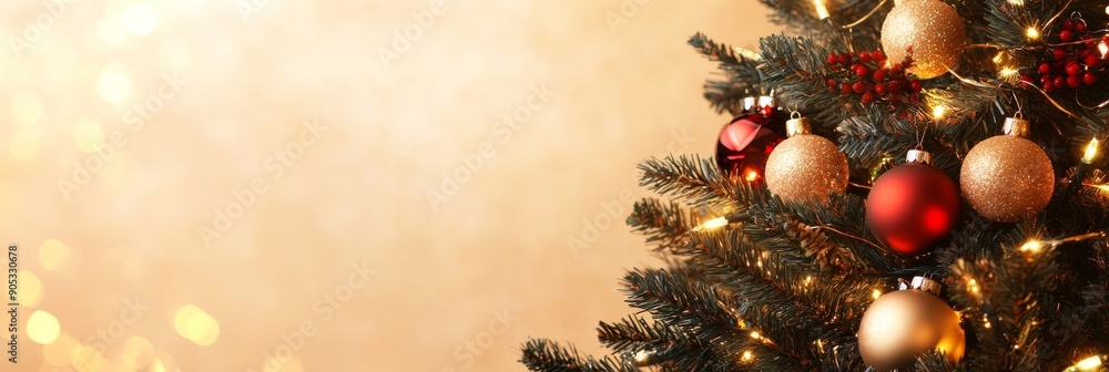 Elegant Golden and Red Christmas Card Design with Decorated Fir Tree and Glowing Ornaments on Rich Gold Background for High-End Holidays and Greetings Elegant Golden and Red Christmas Card Design with Decorated Fir Tree and Glowing Ornaments on Rich Gold Background for High-End Holidays and Greetings