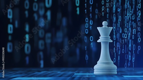 A white chess queen stands tall against a blue digital background. photo