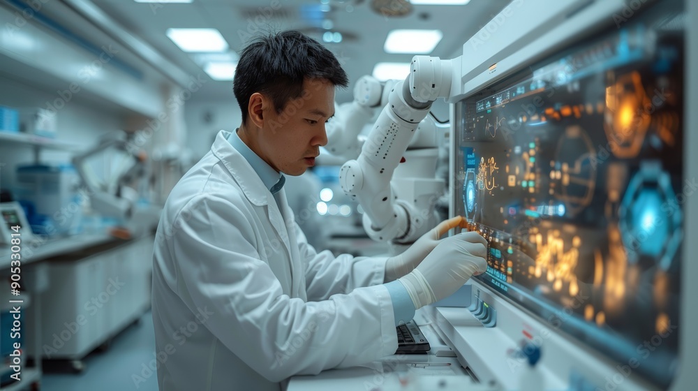 Scientist Analyzing Data on Advanced Robotics in High-Tech Laboratory During Daytime. Generative AI Scientist Analyzing Data on Advanced Robotics in High-Tech Laboratory During Daytime. Generative AI