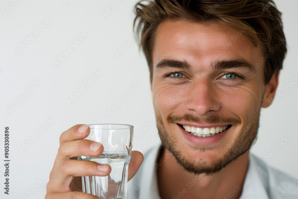 Close up handsome smiling young man holding glass of water isolated on white background Close up handsome smiling young man holding glass of water isolated on white background